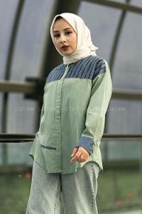 Modalamelif Şerit Çizgi Desenli Önü Boydan Düğmeli  Gömlek Çağla Yeşili