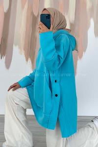 Modalamelif Yanı Düğme Detaylı Oversize Sweatshirt Turkuaz