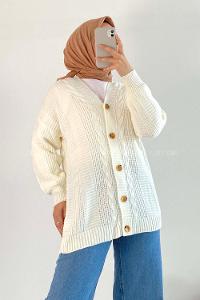 Modalamelif Boydan Düğmeli Örgü Desen Hırka Ekru