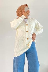 Modalamelif Boydan Düğmeli Örgü Desen Hırka Ekru