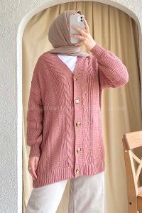 Modalamelif Boydan Düğmeli Örgü Desen Hırka Gül