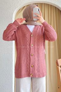 Modalamelif Boydan Düğmeli Örgü Desen Hırka Gül