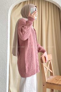 Modalamelif Boydan Düğmeli Örgü Desen Hırka Gül