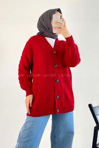 Modalamelif Boydan Düğmeli Örgü Desen Hırka Kırmızı