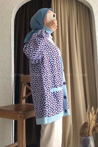 Çift Cepli Renk Garnili Desenli Triko Hırka Açık Mavi - Mor