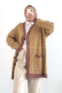 Modalamelif Çift Cepli Renk Garnili Desenli Triko Hırka Gül - Sarı