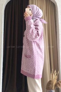 Modalamelif Çift Cepli Renk Garnili Desenli Triko Hırka Lila