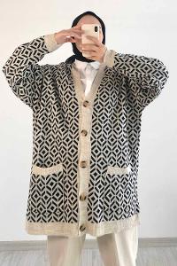 Modalamelif Çift Cepli Renk Garnili Desenli Triko Hırka Taş - Siyah