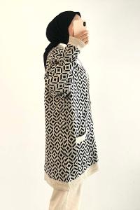 Modalamelif Çift Cepli Renk Garnili Desenli Triko Hırka Taş - Siyah