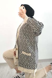 Modalamelif Çift Cepli Renk Garnili Desenli Triko Hırka Taş - Siyah