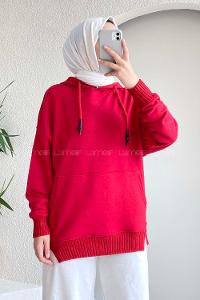 Modalamelif Kanguru Cep Kapüşon Detaylı Düz Vallyn Sweat Kırmızı