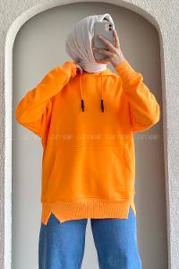 Modalamelif Kanguru Cep Kapüşon Detaylı Düz Vallyn Sweat Oranj