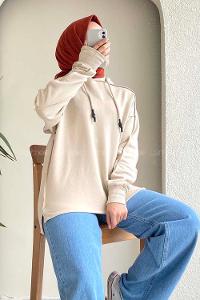 Modalamelif Kapüşon Detaylı Ters Dikiş Model Ursula Sweat Bej