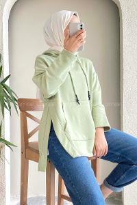 Modalamelif Kapüşonlu Kanguru Cepli Yırtmaç Detaylı Isabelle Sweat Çağla Yeşili