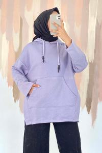 Modalamelif Kapüşonlu Kanguru Cepli Yırtmaç Detaylı Isabelle Sweat Lila