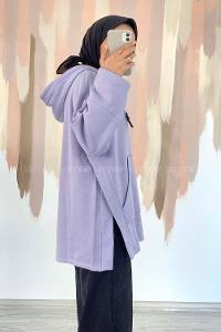 Modalamelif Kapüşonlu Kanguru Cepli Yırtmaç Detaylı Isabelle Sweat Lila