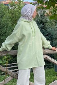 Modalamelif Kolları Büzgülü Kapüşonlu Salaş Sweat Çağla Yeşili