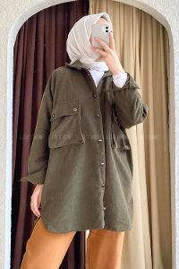 Modalamelif Körüklü Çift Cep Kapaklı Boydan Düğmeli Gömlek Haki