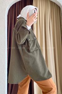 Modalamelif Körüklü Çift Cep Kapaklı Boydan Düğmeli Gömlek Haki