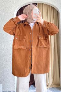 Modalamelif Körüklü Çift Cep Kapaklı Boydan Düğmeli Gömlek Kahverengi