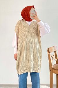 Modalamelif Ovarsize V Yaka Süveter Bej