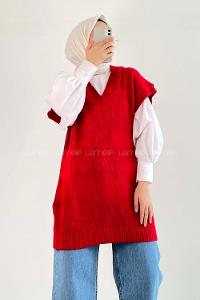 Modalamelif Ovarsize V Yaka Süveter Kırmızı