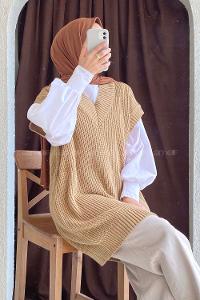 Modalamelif Ovarsize V Yaka Süveter Sütlü Kahve