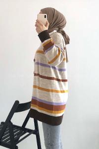 Modalamelif Renk Garnili Şerit Geçişli Triko Hırka Bej