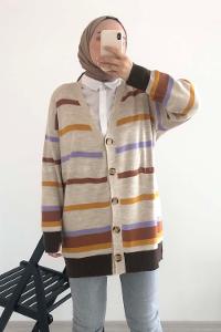 Modalamelif Renk Garnili Şerit Geçişli Triko Hırka Bej