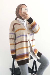 Modalamelif Renk Garnili Şerit Geçişli Triko Hırka Bej