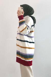 Modalamelif Renk Garnili Şerit Geçişli Triko Hırka Ekru