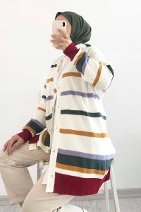 Modalamelif Renk Garnili Şerit Geçişli Triko Hırka Ekru