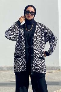 Modalamelif Çift Cepli Renk Garnili Desenli Triko Hırka Siyah-Beyaz