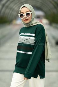 Modalamelif Marıquıta Yazılı Fırça Desenli Bisiklet Yaka Bertie Sweat Zümrüt