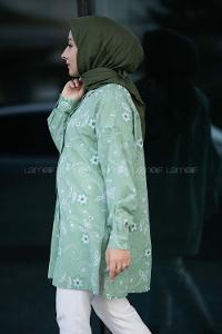 Modalamelif Önü Boydan Düğmeli Çiçek Desenli Yırtmaçlı Tunik Gömlek Çağla Yeşili