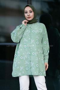 Modalamelif Önü Boydan Düğmeli Çiçek Desenli Yırtmaçlı Tunik Gömlek Çağla Yeşili