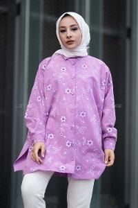 Modalamelif Önü Boydan Düğmeli Çiçek Desenli Yırtmaçlı Tunik Gömlek Lila