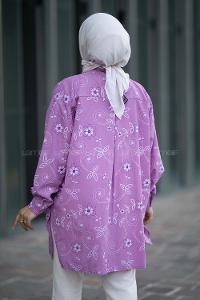 Modalamelif Önü Boydan Düğmeli Çiçek Desenli Yırtmaçlı Tunik Gömlek Lila