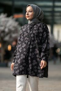 Modalamelif Önü Boydan Düğmeli Çiçek Desenli Yırtmaçlı Tunik Gömlek Siyah