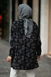 Modalamelif Önü Boydan Düğmeli Çiçek Desenli Yırtmaçlı Tunik Gömlek Siyah