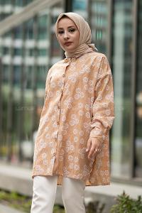 Modalamelif Önü Boydan Düğmeli Çiçek Desenli Yırtmaçlı Tunik Gömlek Sütlükahve