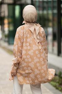 Modalamelif Önü Boydan Düğmeli Çiçek Desenli Yırtmaçlı Tunik Gömlek Sütlükahve