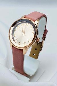 Modalamelif Pembe Deri Kordon Kristal Cam Saat