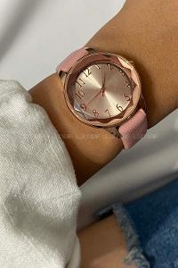 Modalamelif Pembe Deri Kordon Kristal Cam Saat