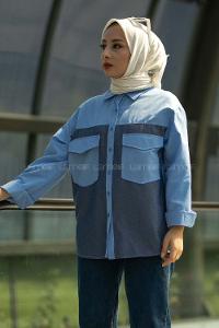 Modalamelif Renk Garnili Çift Kapak Cepli Gömlek Mavi