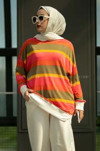 Modalamelif Renk Garnili Şerit Desenli Bisiklet Yaka Sweat Çokrenkli