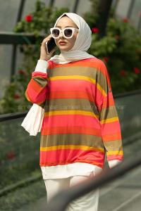 Modalamelif Renk Garnili Şerit Desenli Bisiklet Yaka Sweat Çokrenkli