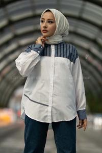 Modalamelif Şerit Çizgi Desenli Önü Boydan Düğmeli  Gömlek Beyaz