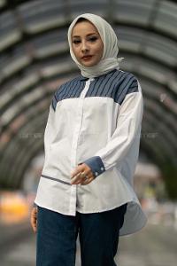 Modalamelif Şerit Çizgi Desenli Önü Boydan Düğmeli  Gömlek Beyaz