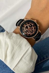 Modalamelif Siyah Deri Kordon Rose Gold Çerçeve Kol Saati